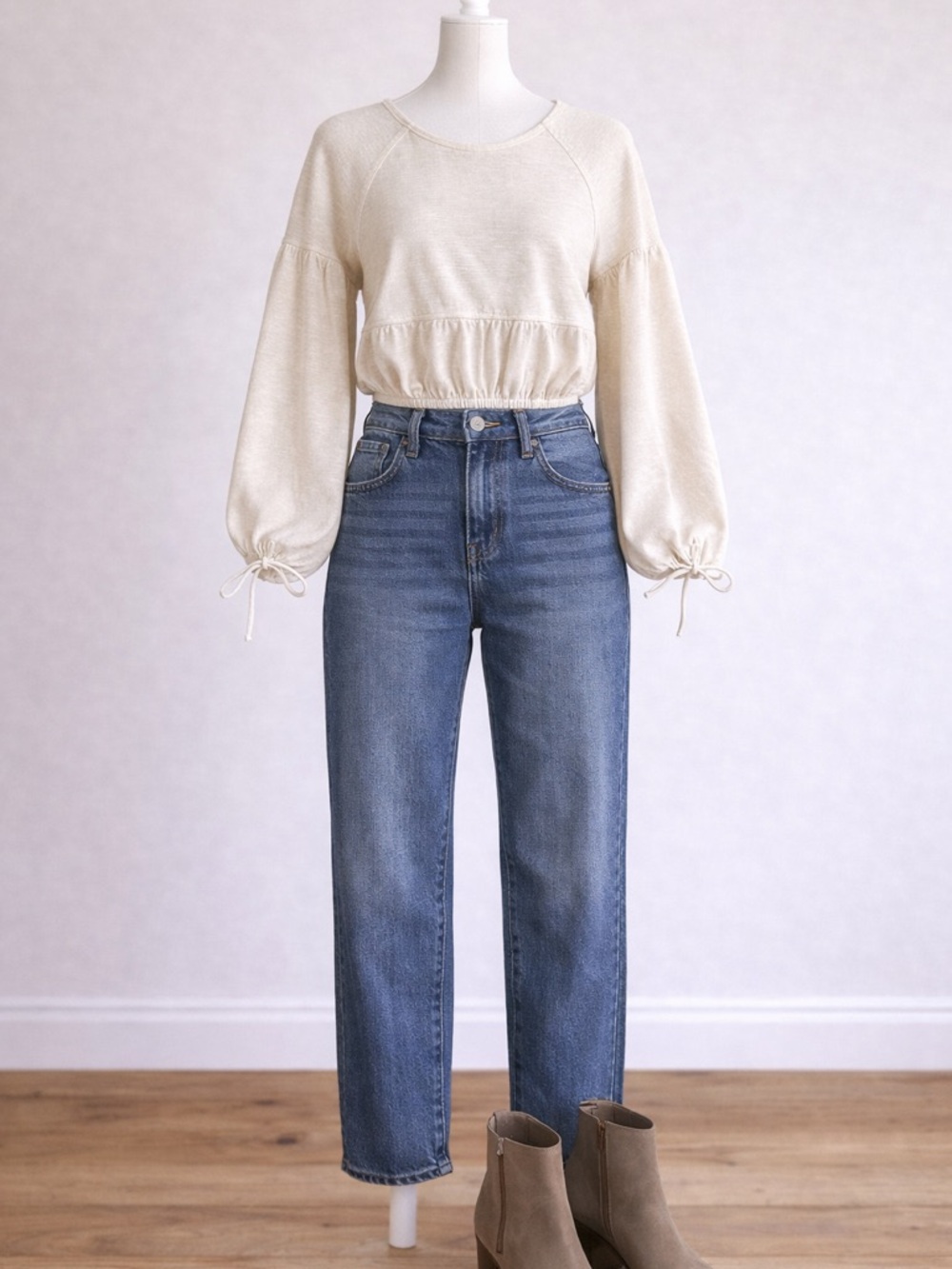 Aerie Cream Long Sleeve Cropped Top Balloon Sleeve Cozy Soft Size S